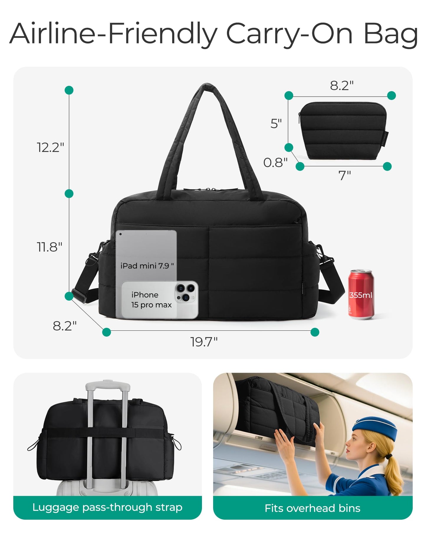 BAGSMART Gym Bag for Women, Lightweight Puffer Duffle Bag 2-PC Travel Bag, 31L Weekender Overnight Bag Quilted Carry On Tote Bag, Diaper Hospital Dance Bag for Travel, Gym, Water Resistant, Black