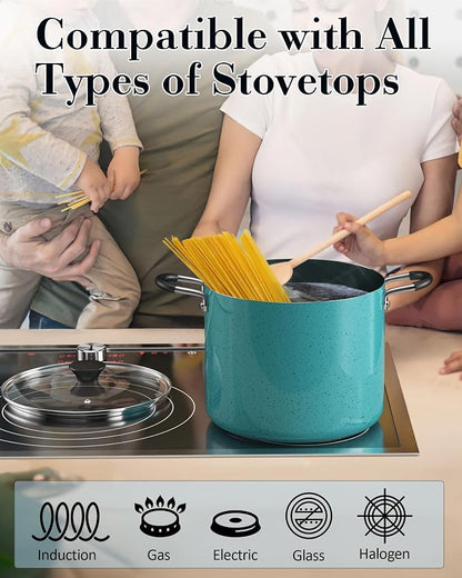 Cook N Home Professional 6 Quart Nonstick Stock Pot with Lid, Riveted Handles, Soup Pot for Holiday Feasts, Stockpot with Even Heating, Induction Cookware, Oven & Dishwasher Safe, Turquoise