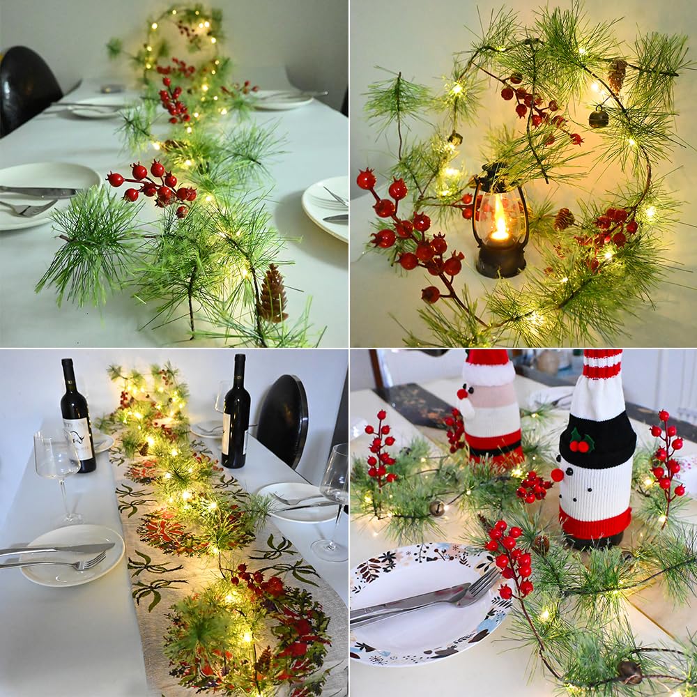 PALONMY Christmas Garland Lights 6.56 FT Smokey Pine Garland with 30 LED Fairy Lights Battery Operated Garland Lights with Red Berries Bells Pine Cones Christmas Indoor Home Decorations