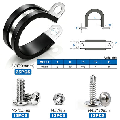 Taiss 50PCS 3/8 Inch Cable Clamps 304 Stainless Steel Rubber Cushion Insulated Wire Clamps,Pipe Clamps,Loop Clamps,Hose Clamp,Metal Rubber Clips With Two Kinds Of Screws(10mm) F-098-10mm
