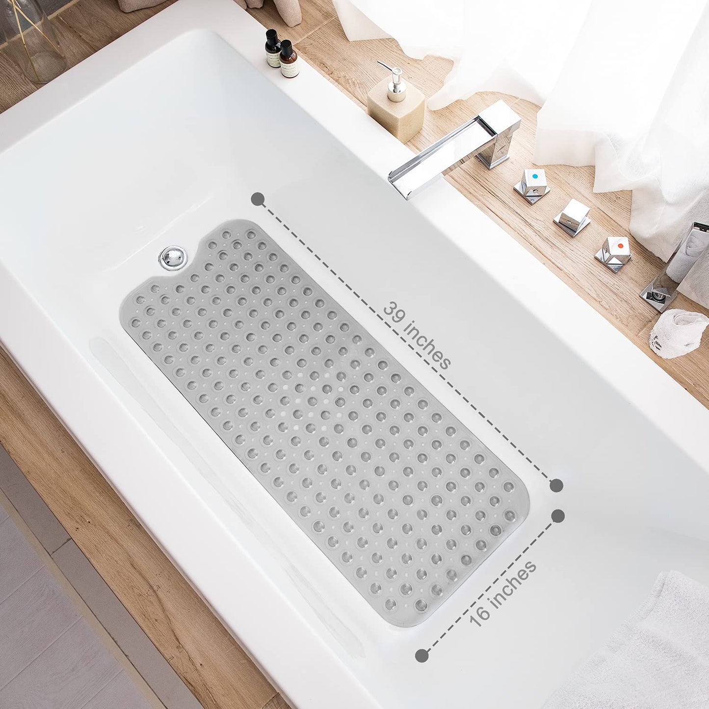 TEESHLY Bathtub Mats for Shower Tub, Extra Long Non-Slip 39 x 16 Inch Bath Mat with Drain Holes and Suction Cups, BathMat for Bathroom with Machine Washable (Clear Grey)