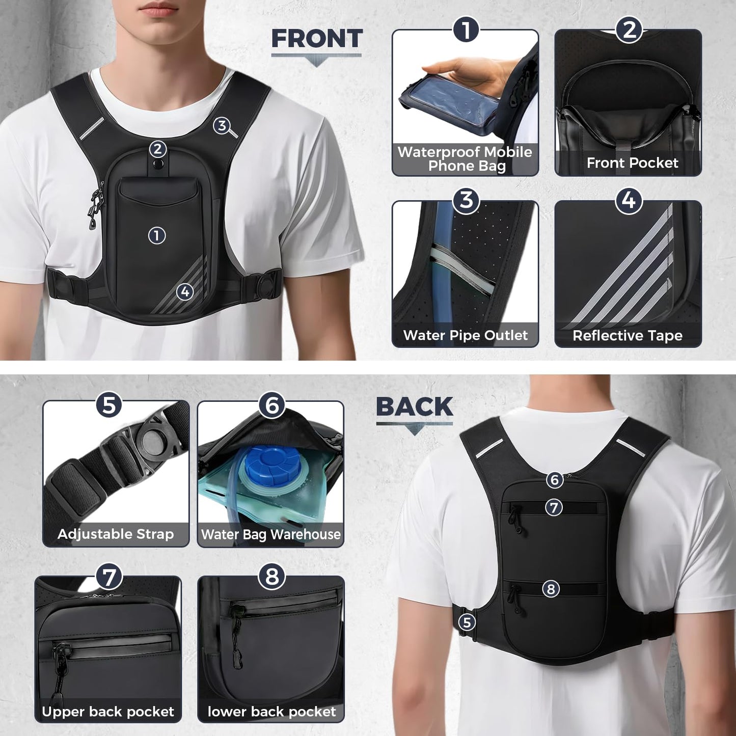 Running Hydration Vest Backpack with 800 ML Water Bladder, Minimalist Running Vest for Women Men with Phone Holder, Extra Storage for Hiking Cycling Marathon (Full_Black, One Size fits All)