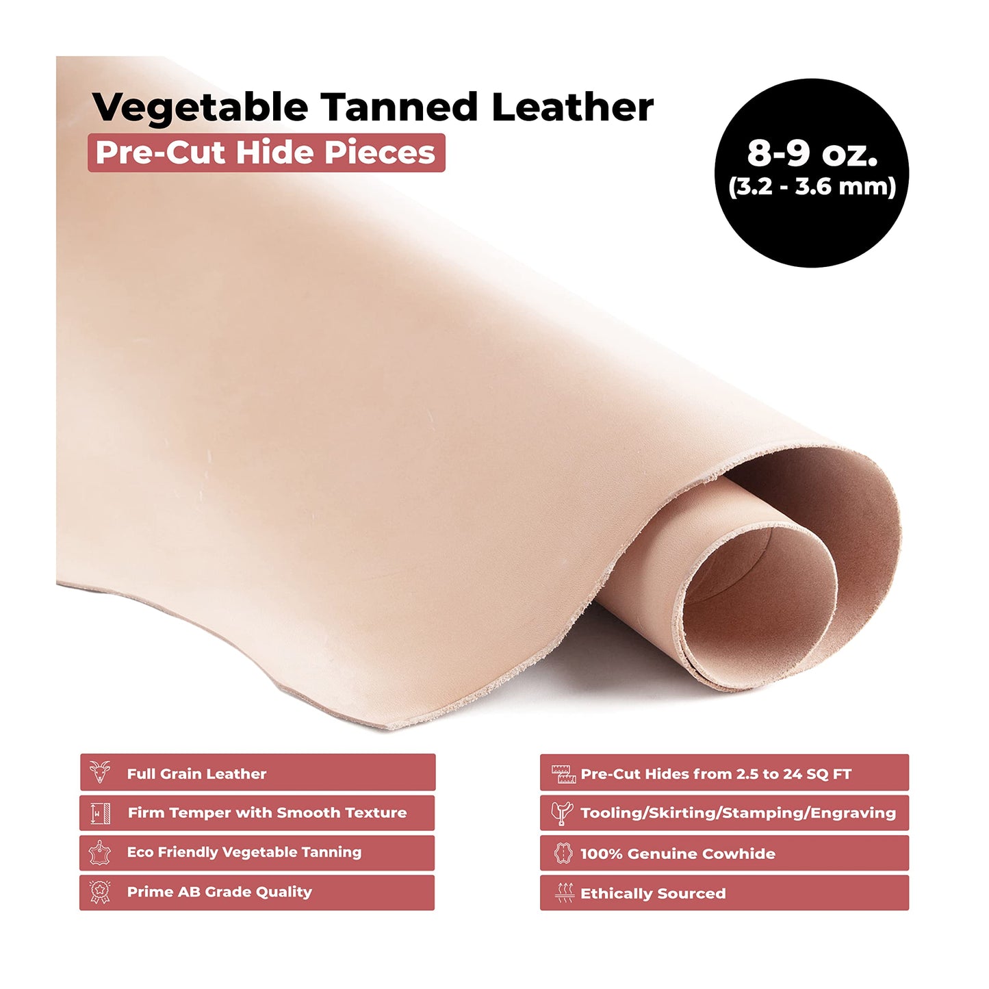 ELW Vegetable Tanned Leather 8-9 Oz. (3.2-3.6mm) Thickness | Pre-Cut 12"x24" | Tooling Leather Cowhide - Full Grain Leather Good for Crafting, Saddlery, Home Decor, Holsters, Knife Sheaths, Stamping