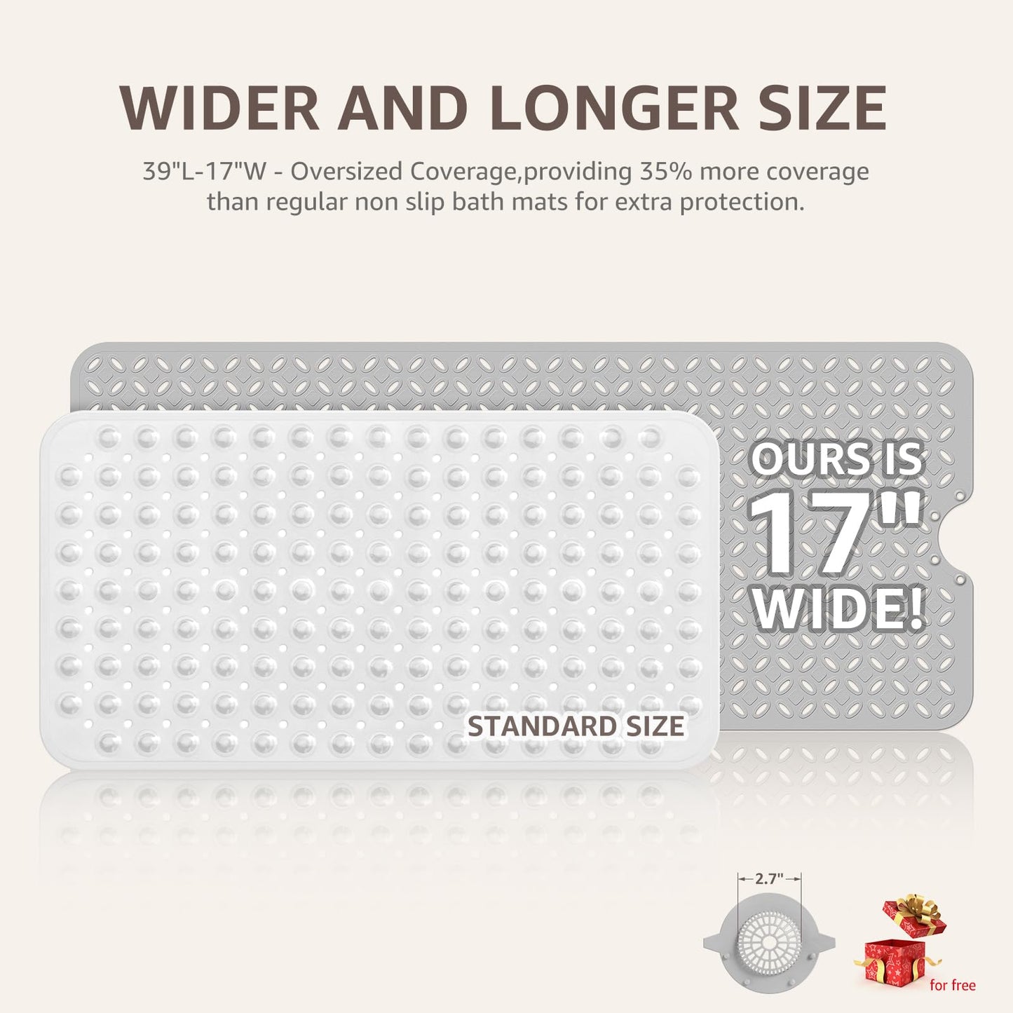 OTHWAY Bath Mat for Tub Non Slip: 39" X 17" Long Bathtub Mat with Hair Catcher│Big Drain Holes Shower Mats for Inside Shower│Machine Washable (Grey)