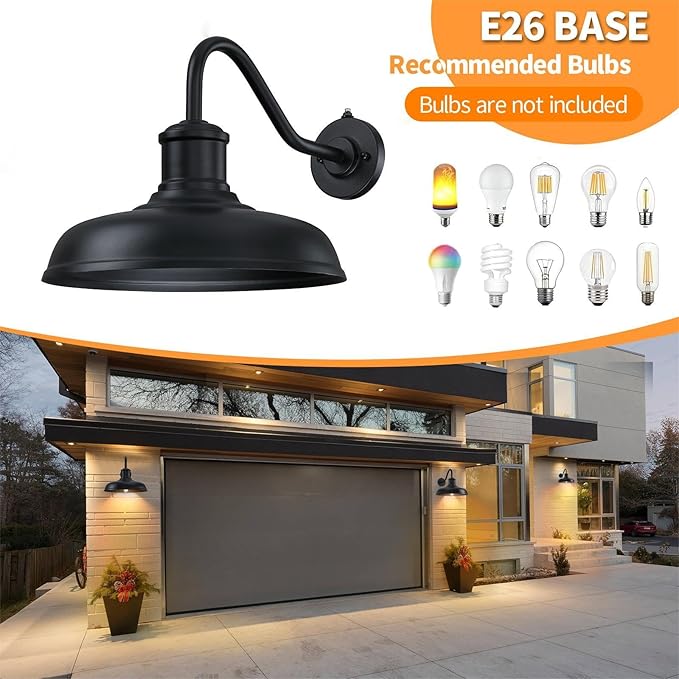 13.8'' Diameter Large Dusk to Dawn Outdoor Gooseneck Barn Light 2 Packs, Outdoor Wall Sconce Farmhouse Exterior Light Wall Lighting Fixture Industrial Outside Lantern for Porch, Patio, Garage, Black