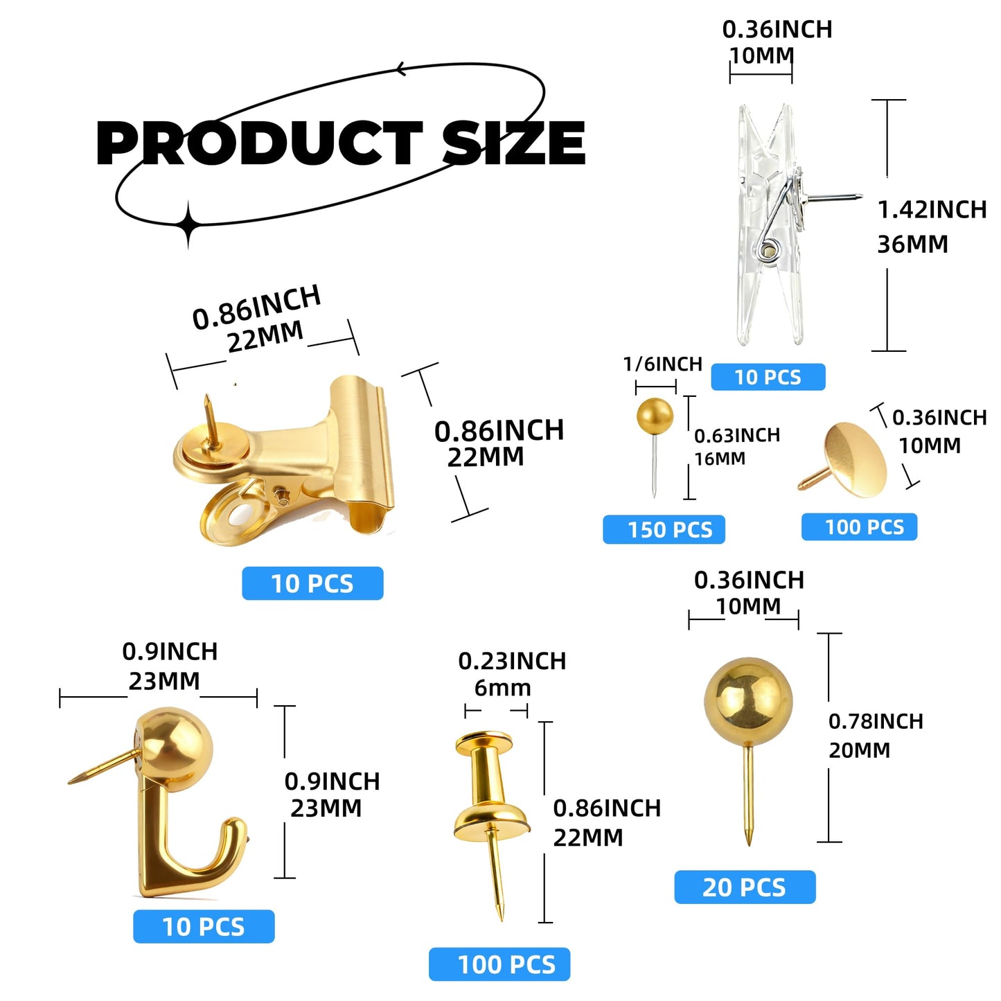 400 Pcs Gold Push Pins Set,7 Styles Push pins, Pin Tacks,Decorative Thumb Tacks for Cork Board,Bulletin Boards Home Office Accessories