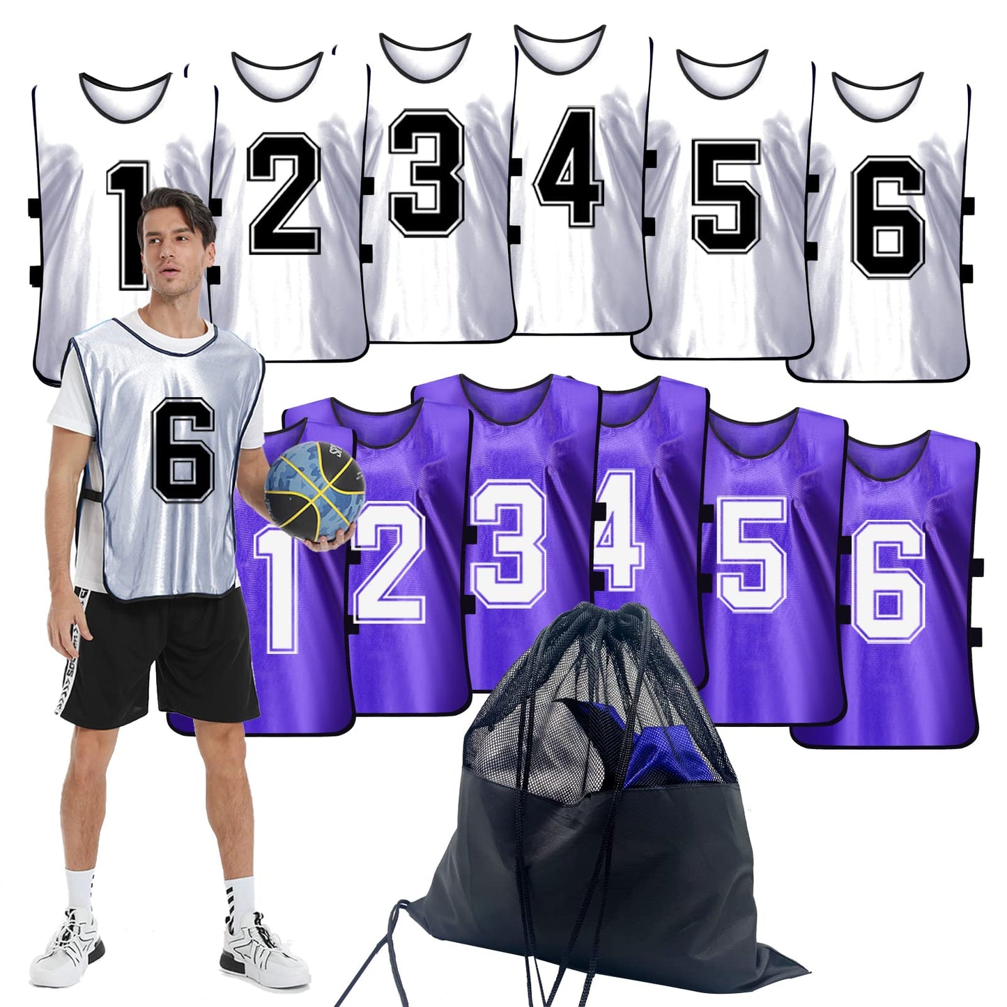 PULUOMASI 12 Pcs Sports Pinnies Numbered for Soccer Basketball Training
