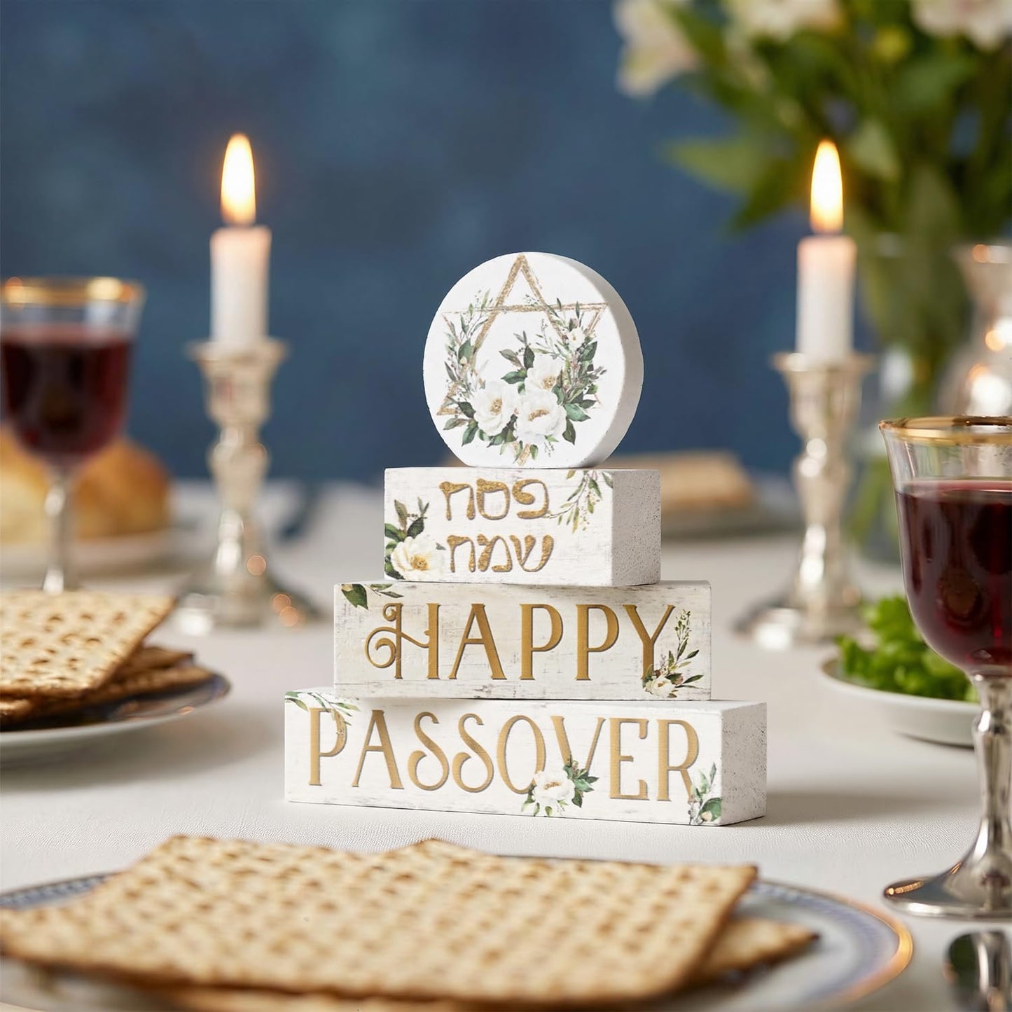Smile Passover Wooden Decorations 4PCS Happy Passover Pesach, Star of David Tiered Tray Centerpieces Decor, Seder Jewish for Home Office
