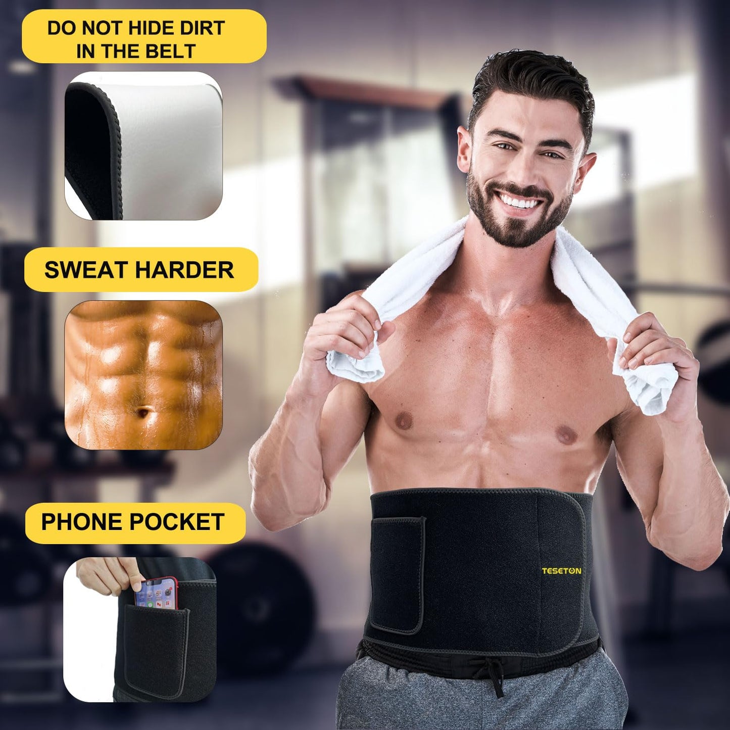 TESETON Mens Waist Trainer, Sweat Waist Trainer for Men Women, Sweat Band Blet for Lower Belt Fat, Sweat Wraps for Abdominal Home and Outdoor Workout Fitness Exercise 01 Black S
