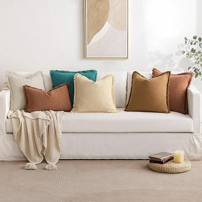 MIULEE Decorative Throw Pillow Covers Neutral Linen Fringe Throw Pillows Set of 2 Teal Boho Farmhouse Cushion Covers with Tassels for Couch Sofa Bed Living Room Spring Home Decor 18x18 Inch
