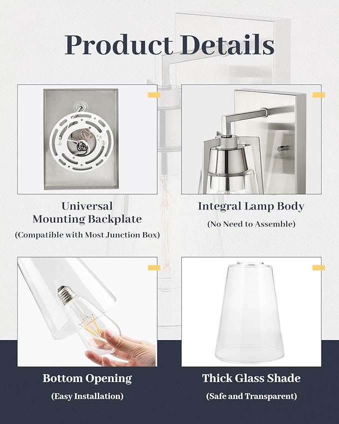 EAPUDUN Bathroom Light Fixtures, Modern Farmhouse 1-Light Bathroom Vanity Light Fixtures, Indoor Wall Lamp in Brushed Nickel Finish, Clear Glass Shade Wall Sconces, WLA1395-BNK