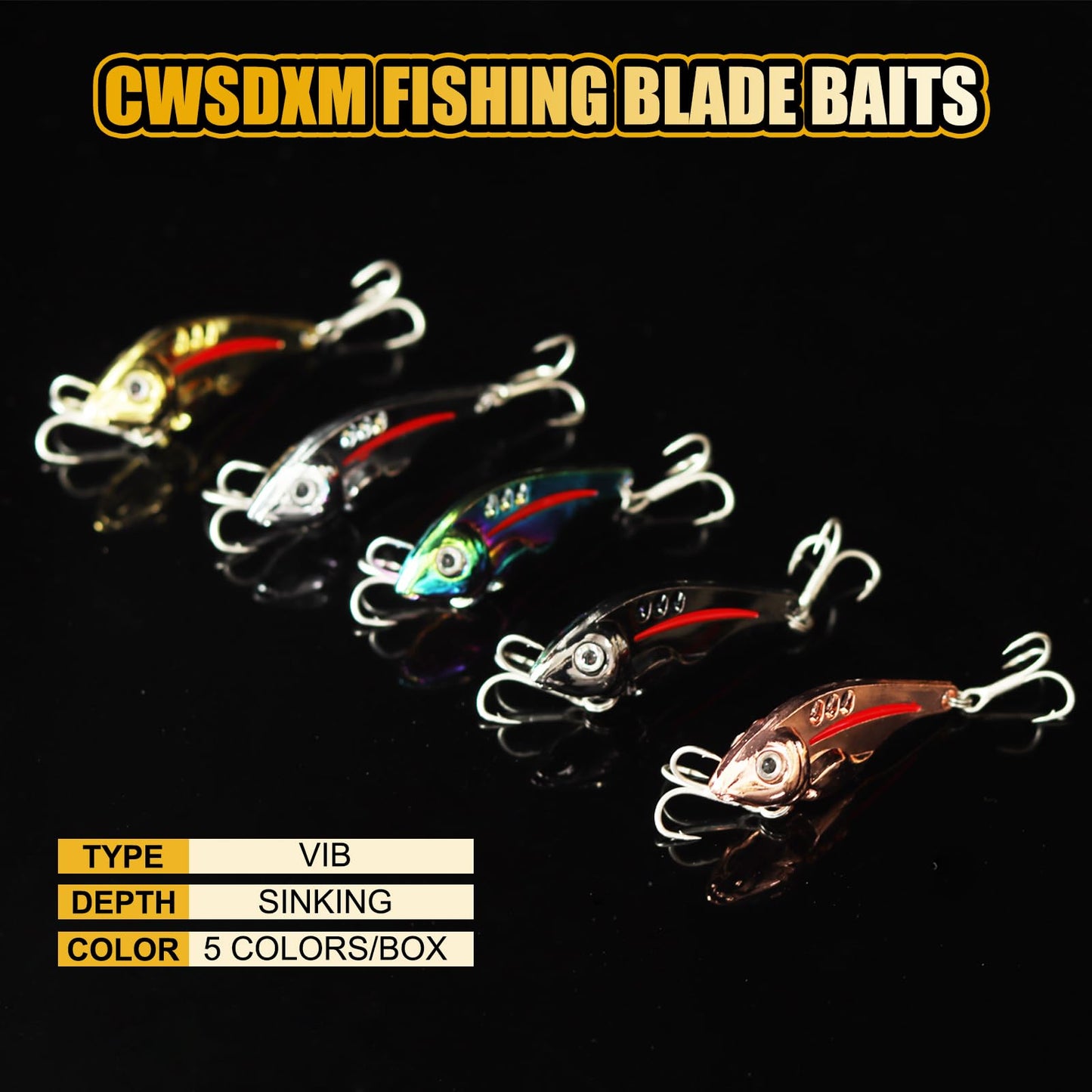 CWSDXM VIB Metal Lures Zinc Alloy Fishing Blade Spinner Bait with Treble Hooks Fishing Spoons Lures Pack of 5