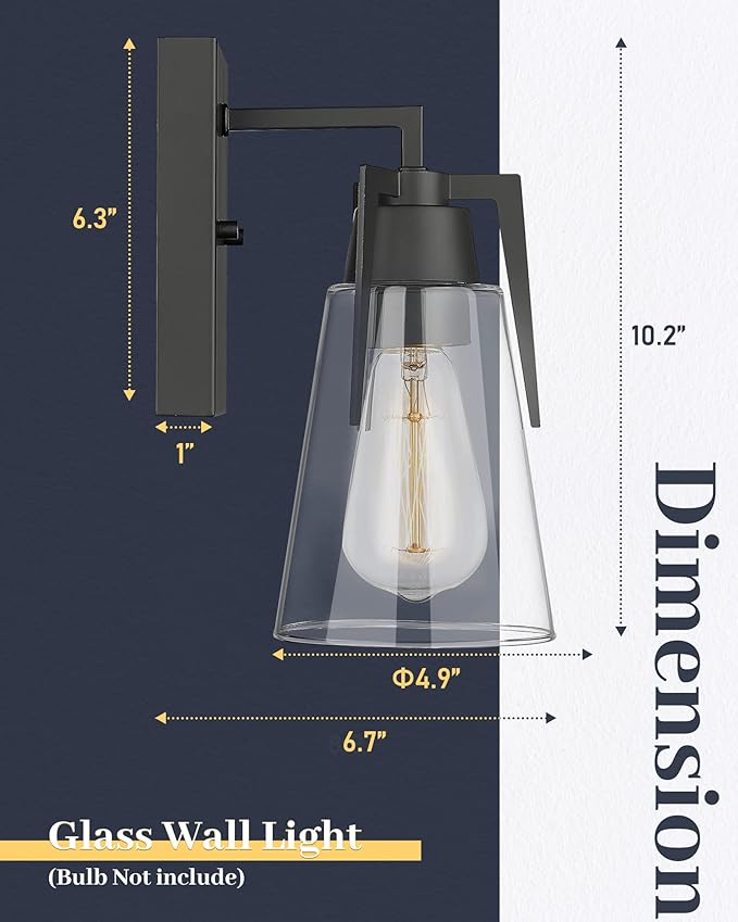 EAPUDUN Vintage Bathroom Lighting Fixtures Over Mirror, 1-Light Modern Vanity Lights Black Finish Industrial Wall Sconce with Clear Glass Shade, WLA1395-MBK