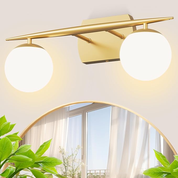 Gold Vanity Lights for Bathroom, 2-Light 20 Inch Bathroom Lighting Fixtures over Mirror with Milky White Frosted Glass Shades, Wall Sconces for Bathroom, Bedroom, Living Room(G9 Bulb not Included)