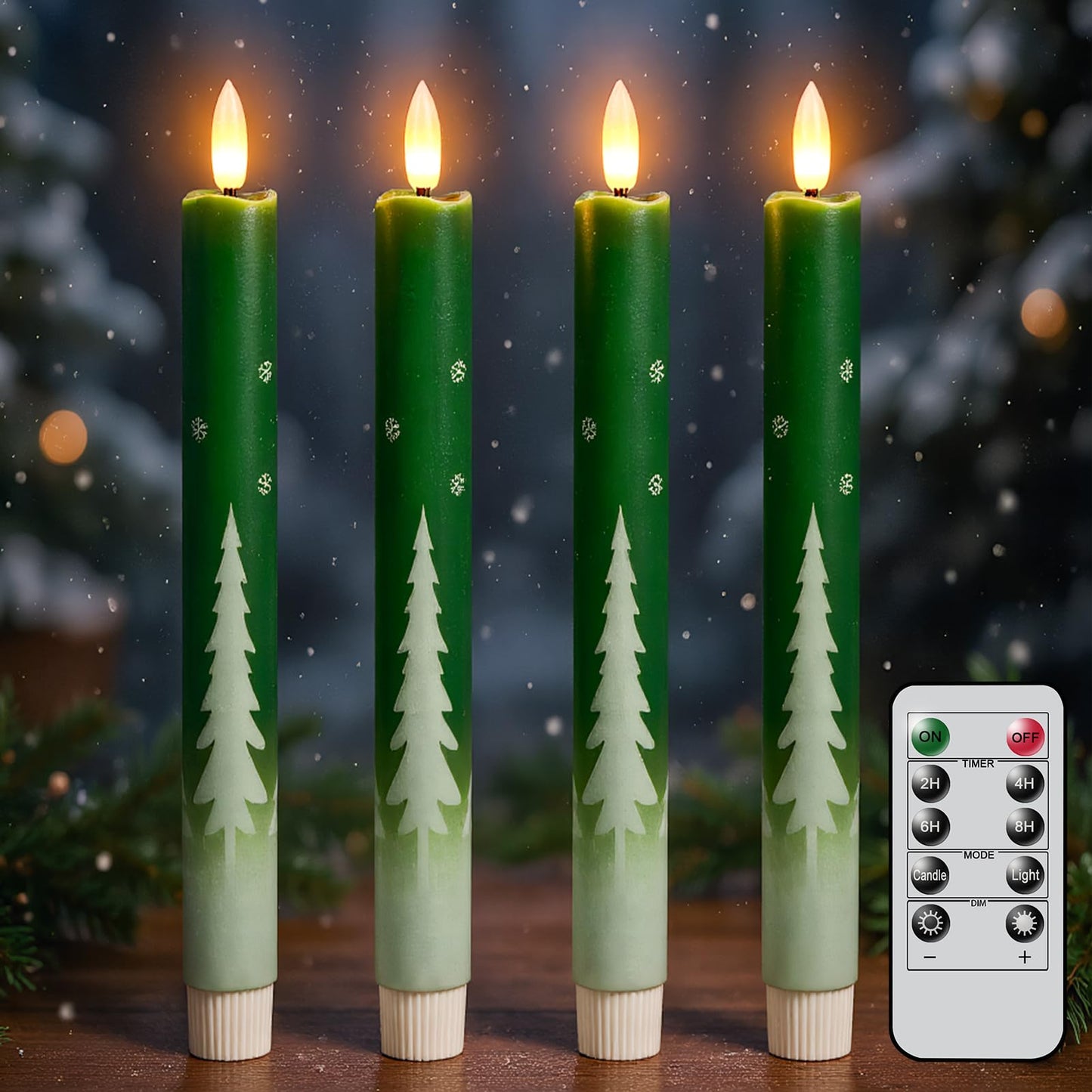 KunSwenn Christmas Tree Candles, Waxy LED Flamless Taper Candles with Remote Timer, Green Flameless Candlesticks with Tree Decals for Christmas Home Holiday Decorations(Set of 4, 0.78”x9.6”)