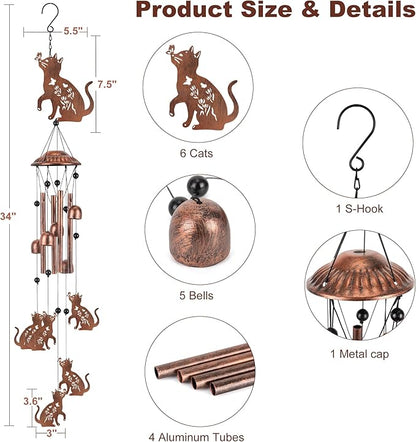 Cat Wind Chimes for Outside Metal Cat Wind Chimes Outdoor Indoors Wind Chime Garden Decor Gifts for Women Men Porch Patio Home Yard Porch Decoration