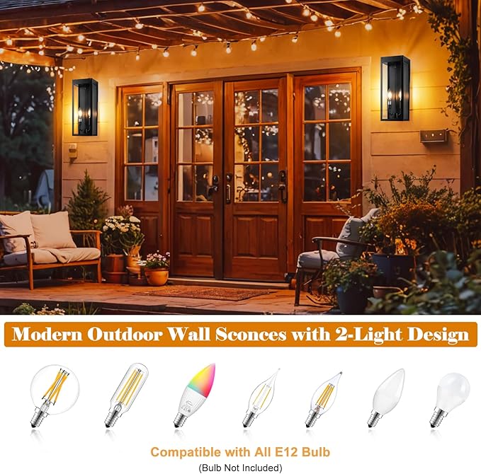 Outdoor Wall Lights 16 Inch Large, 2 Pack Black Modern Exterior Lighting Fixtures Wall Mounted with 2-Candle Light, Waterproof Outside Wall Sconces Coach Lamps Porch Lanterns for House E12