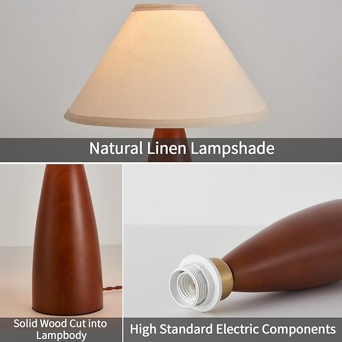 Bedside Table Lamp for Bedroom, Mid-Century Modern Plug in Fabric Shade & Solid Wood Base Desk Lamp, Plug & Play Warm Brown Nightstand Lamp for Living Room, Office, Switch Power Cord 【Bulb Included】