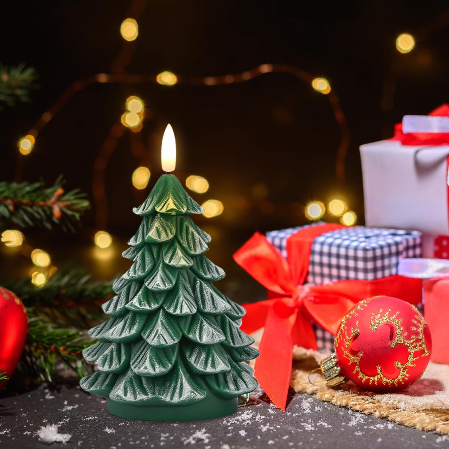 KunSwenn Christmas Tree Candles, 2 Pack Real Wax Christmas Tree Shaped Flameless Candles Battery Operated with 6H Timer, Green LED Flameless Candlesticks Imitate Snow Design for Christmas Winter Decor