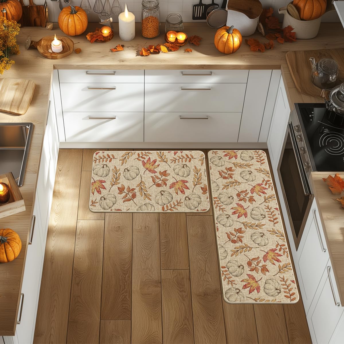 Artoid Mode Pumpkins Fall Kitchen Mats Set of 2, Autumn Maple Leaves Home Decor Low-Profile Kitchen Rugs for Floor - 17x29 and 17x47 Inch