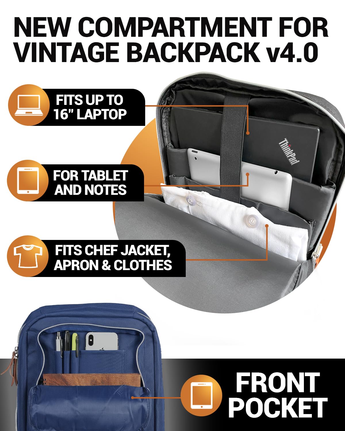 Chef Knife Bag Vintage Backpack VINTAGE, Professional Knife Carrying Case for Chefs & Culinary Students, 30+ Pockets, Holds 10" Knives, Water-Resistant 600D Material (Heather Blue)