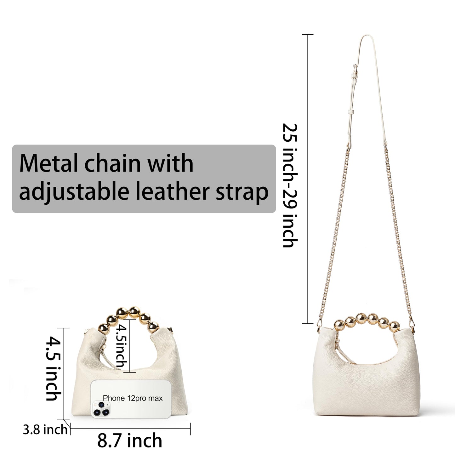 DORIS&JACKY Small Top Handle Clutch Purse for Women, Designer Leather Evening Crossbody Bag with Metal Ball Tote Handle And Leather Chain Strap (Cowhide- White)