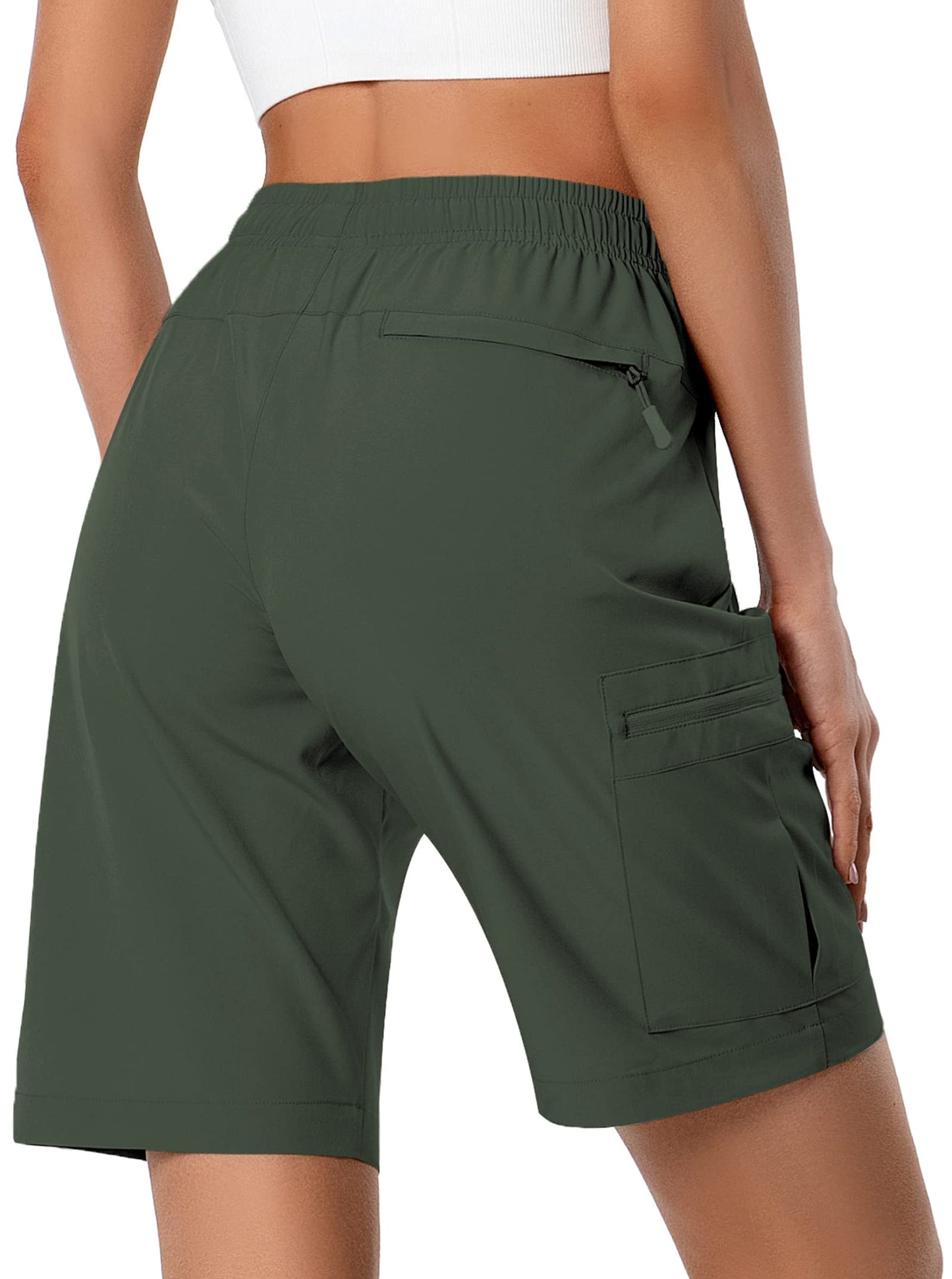 Hugut Women's Lightweight Hiking Cargo Shorts Quick Dry Athletic Shorts Camping Travel Golf Zipper Pockets Water Resistant Army Green