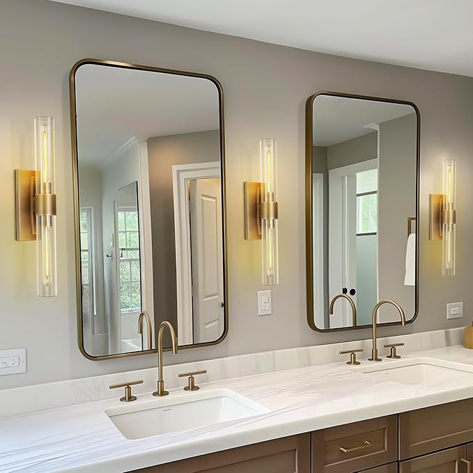 Brass Wall Sconces, 22.8" Bathroom Wall Sconce, Antique Brass Wall Sconces Set of 2, 2-Light Dimmable Wall Sconce, Sconces Wall Lighting With Glass, Bathroom Vanity Light, Tube Sconce for Living Room