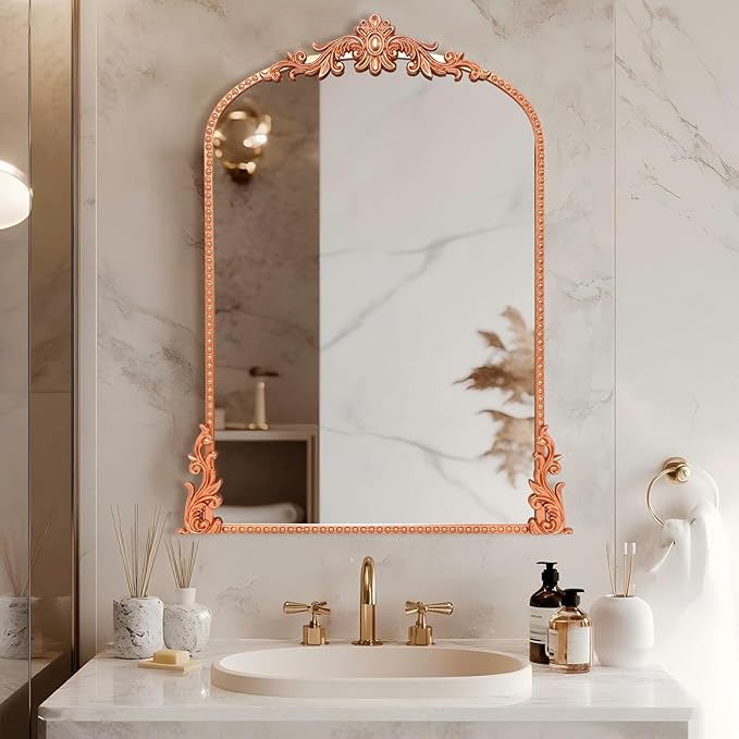 Growsun Arched Mirror, 24’’x36’’ Antique Baroque Traditional Ornate Wall Mirror Decor with Full Metal Frame for Fireplace/Entryway/Living Room/Bathroom