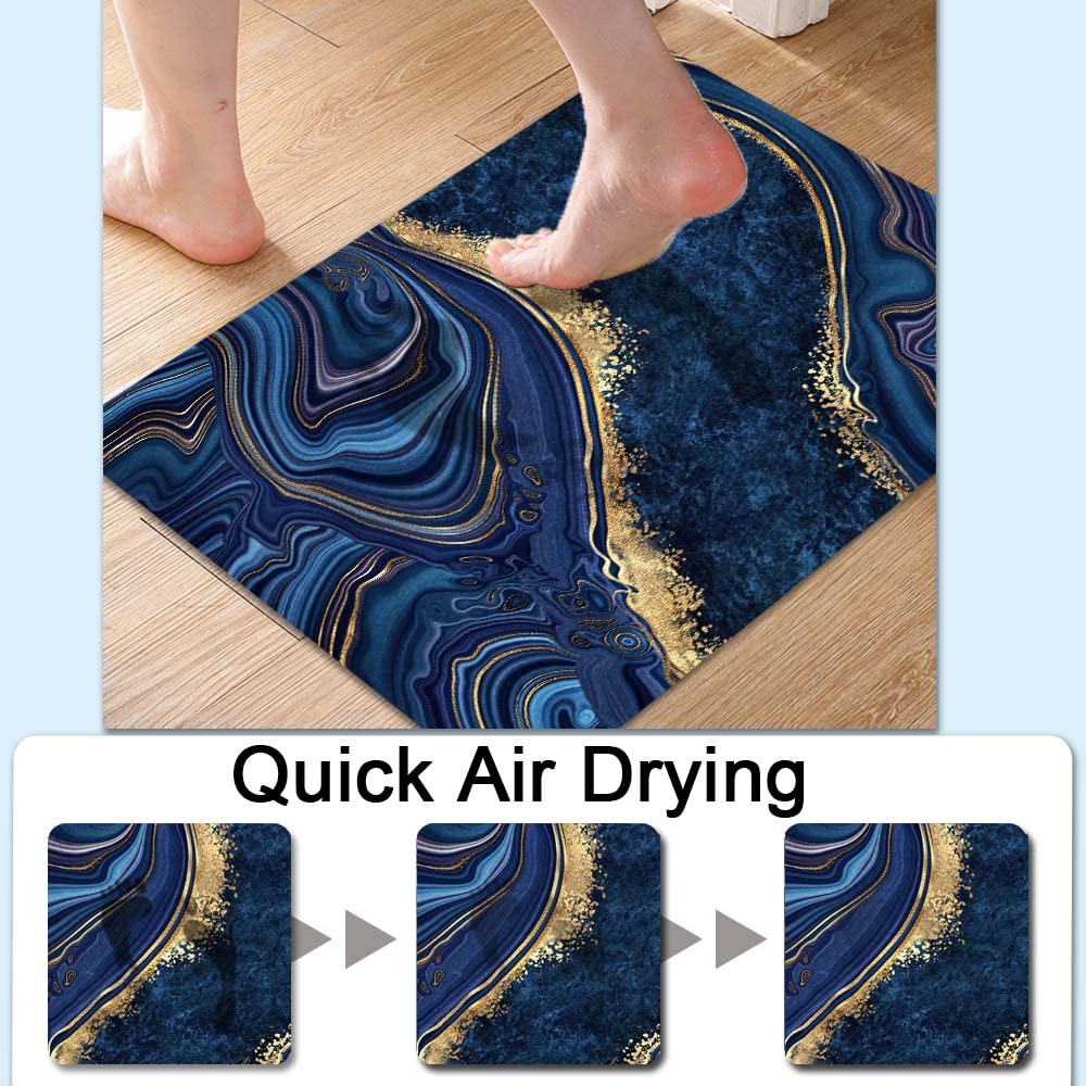 ZHUZHISHAN Bath Mat Rug,Dark Blue Gold Marble Non Slip Quick Dry Super Absorbent Thin Bathroom Rugs Fit Under Door-Easy to Clean Bathroom Floor Mats-Shower Rug for Shower Sink Bathtub(16" x 24"in)