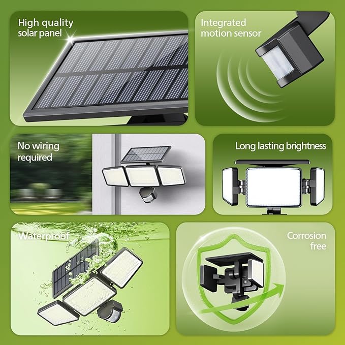 Philips Solar Security Light Outdoor Light 302 LEDs 1200lm，Solar-Powered Waterproof Wall-Mounted Flood Light w/PIR Motion Sensor, 3 Heads, IP65 Waterproof, 3 Modes (1 Pack)