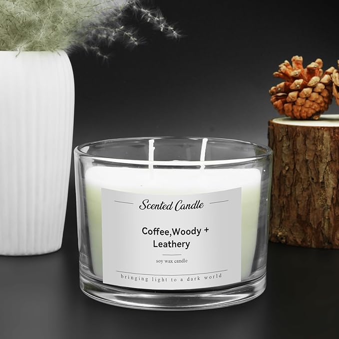 Premium 3-Wick Scented Candle 420g, Jar Aromatherapy Candle Birthday Gifts for Men and Women, Long Lasting 50H, Soy Wax Natural Essential Oil Blend for Home Office Spa (Coffee+Woody+Leathery)