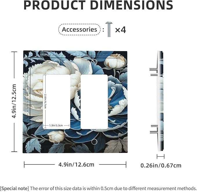 White Blue Flower Peonies Dual Outlet Covers Wall Plate 2 Gang Rocker Decora Decorative Switchplate Electrical Faceplate GFCI Light Switch Covers for Farmhouse Living Decor
