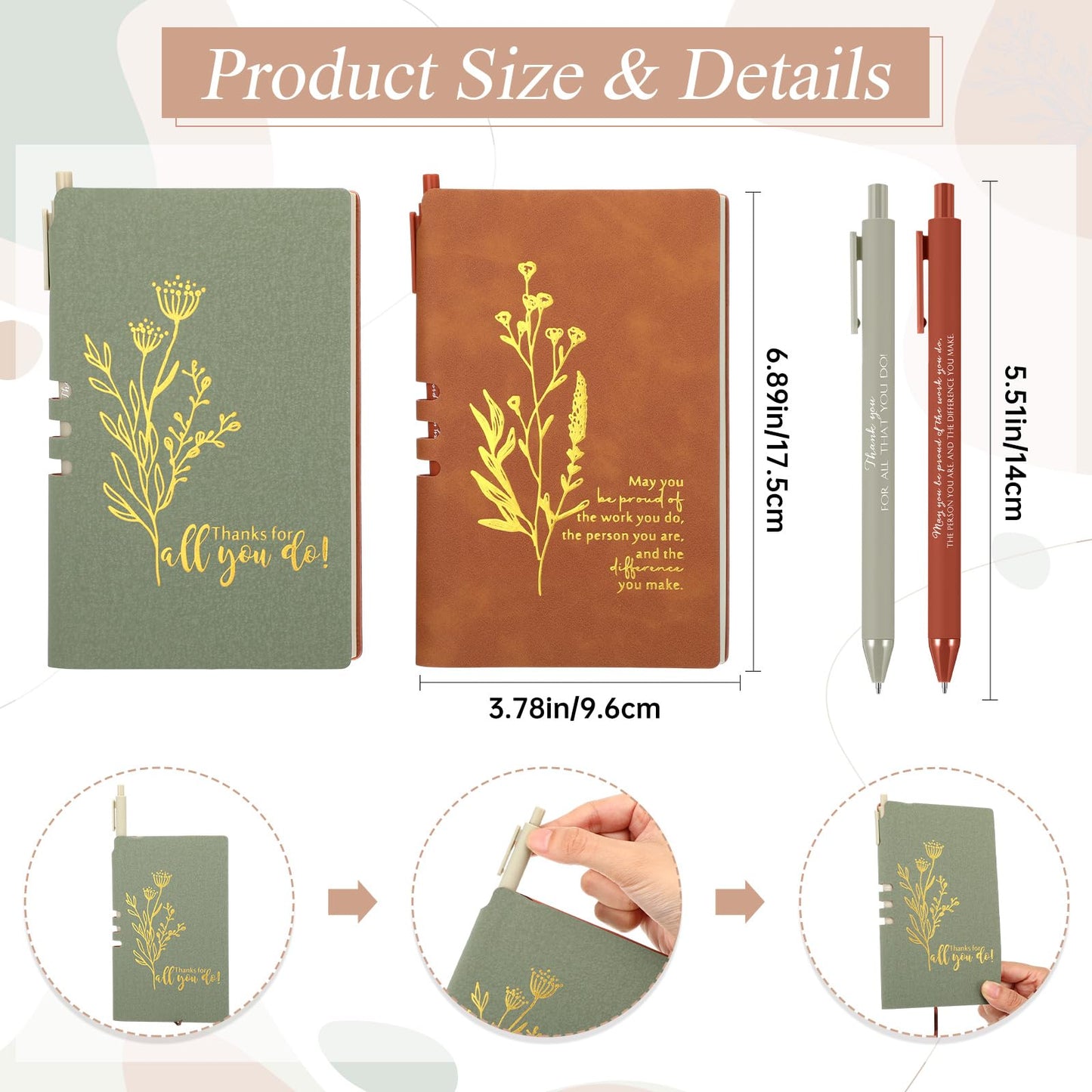 Didaey Employee Appreciation Gifts Set 13oz Boho Floral Ceramics Coffee Mugs with A6 Leather Notebooks Ballpoint Pens Bulk Teacher Thank You Gift for Volunteer Coworkers Staff Nurse(2 Sets,2 Colors)