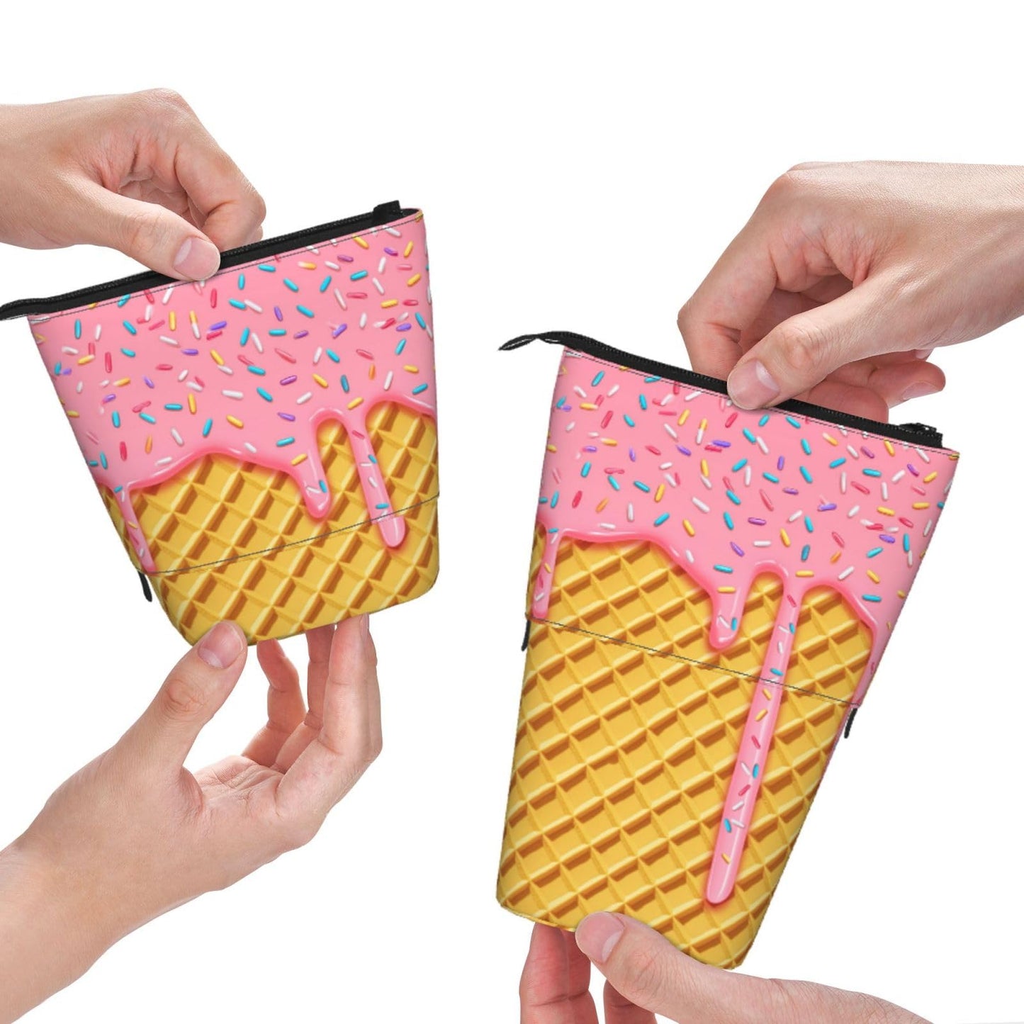 Tezmd Ice Cream Kids Standing Pencil Case Girls Boys Telescopic Stationary Pouch with Zipper Large Capacity Stand up Pen Bag Portable Makeup Holder for Children School Students Office Supplies