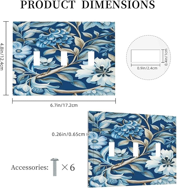Blue Flowers Branches Leaves Floral Pattern Light Switch Covers 3 Gang Triple Toggle Wall Plate Decorative Switchplate Electrical Faceplate for Farmhouse Living Decor