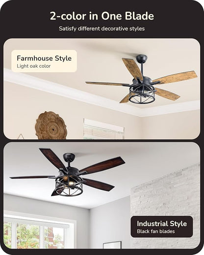 EDISHINE 52 Inch Farmhouse Ceiling Fans with Lights, Remote Control, 5 Wooden Blades, Dimmable, Timer, 6 Speeds Reversible DC Motor, Rustic Lighting & Ceiling Fan for Bedroom Living Room, UL Listed