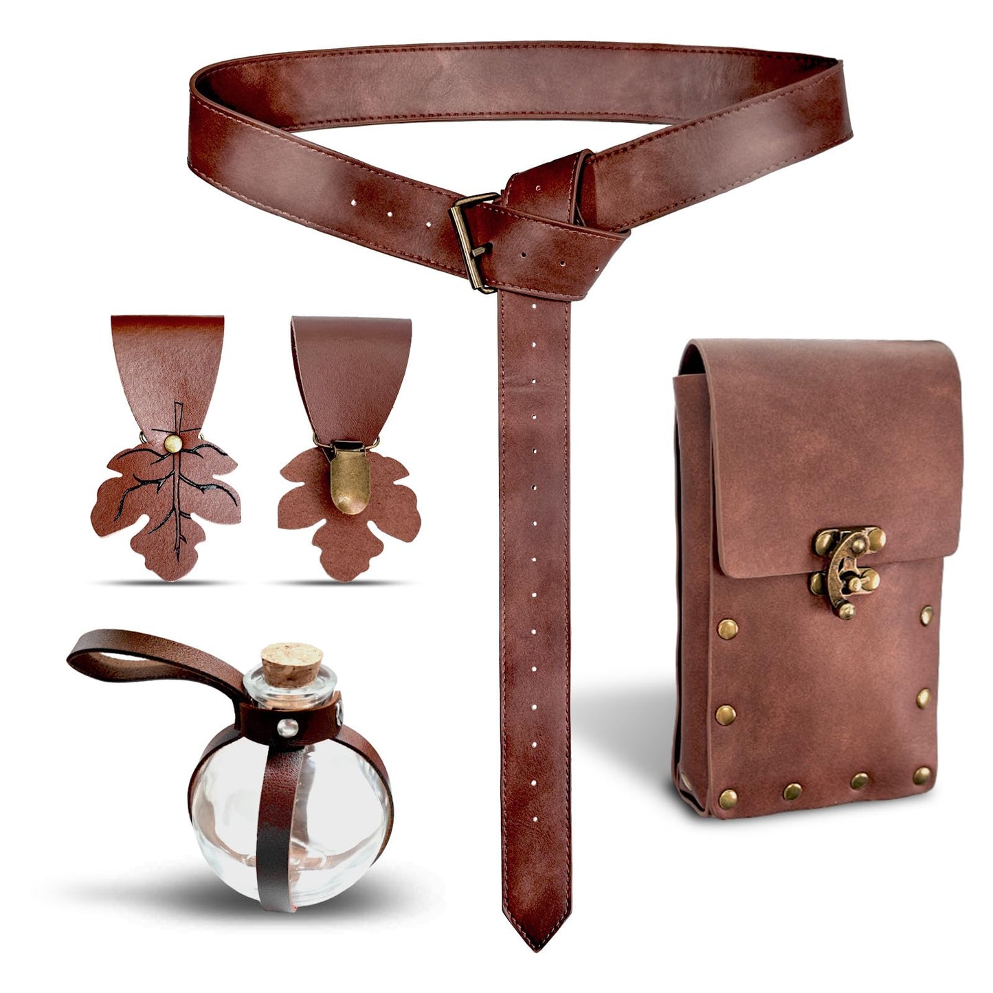 FunMular Renaissance Accessories Costume Women Belt Pouch Medieval Viking Potion Bottles Waist Bag Leather Belt Leaf Skirt Hikes (Brown Set)