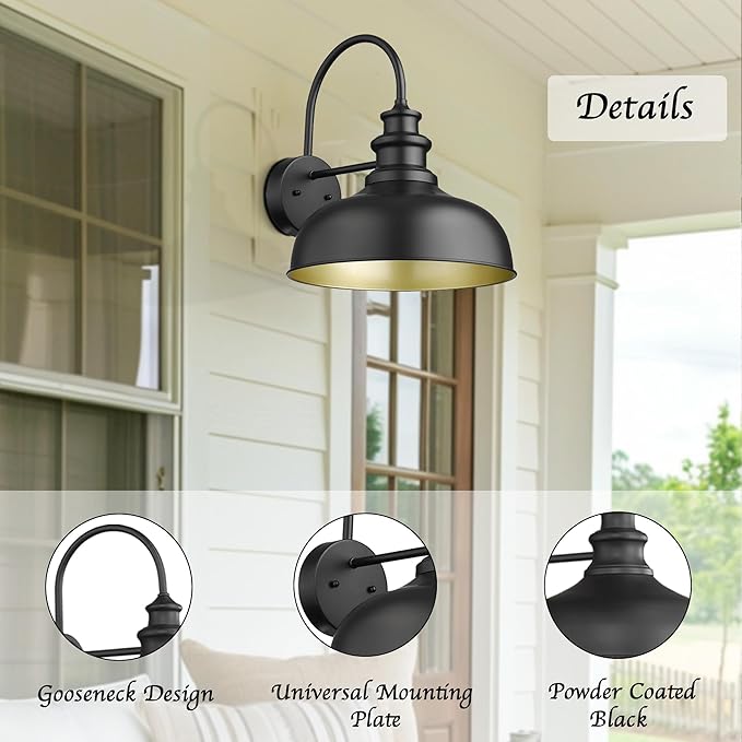 Bestshared 14 Inch Dome Gooseneck Barn Light, Farmhouse Wall Mount Light Fixture, Exterior Lighting Fixture Outdoor Sconce for Porch,Garage,Patio (Black+ Gold, 14” Dome-1Pack)
