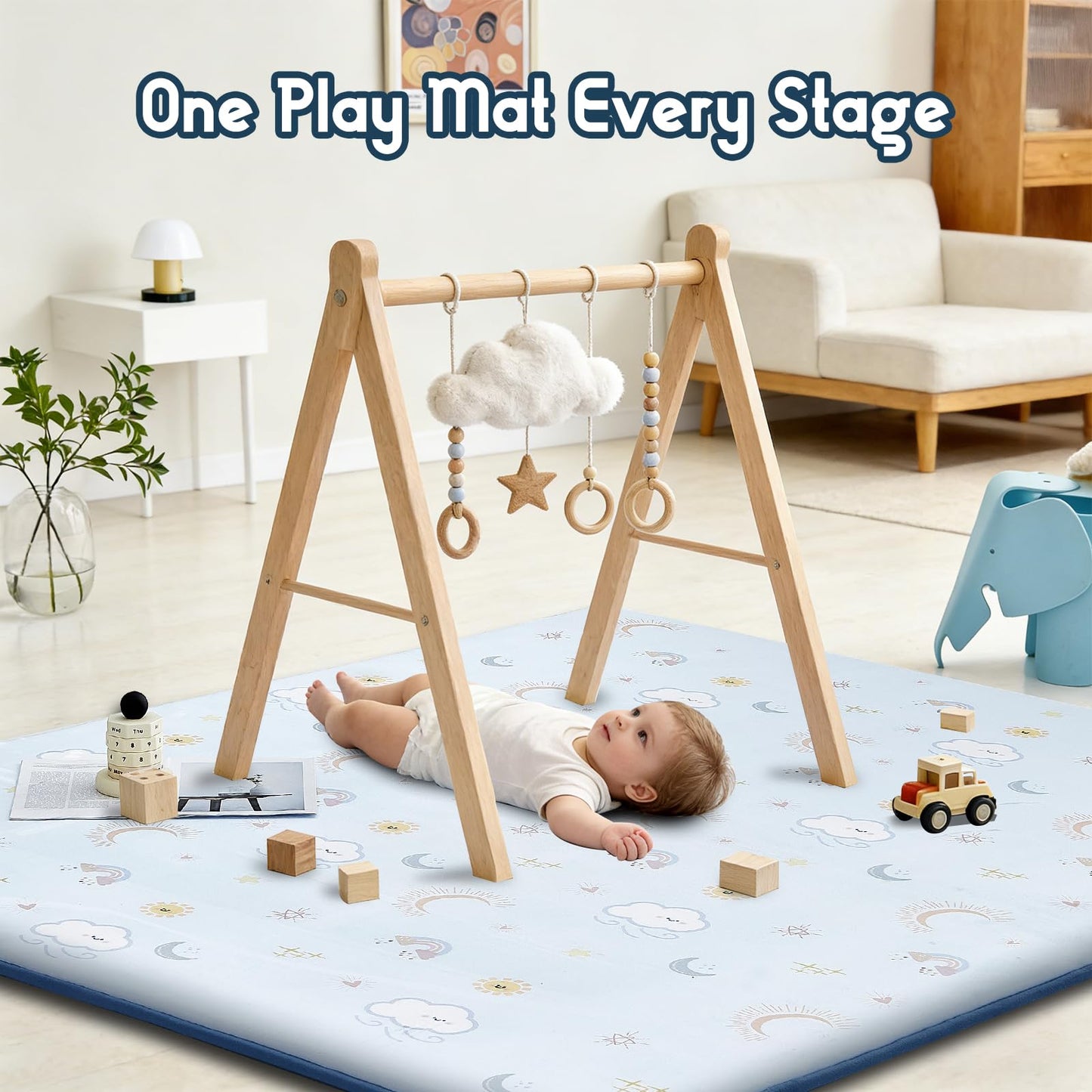 TreeBud Baby Play Mat for Floor, 1.3-Inch Thickened Foam Soft Padded Playmat for Tummy Time, 50x50 Water-Repellent Coral Velvet Playpen Mat for Toddlers Infant Kids, Sky Theme