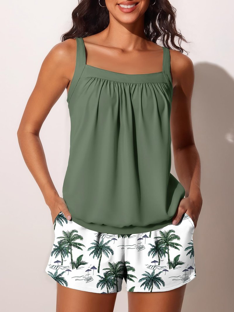 Summer Mae Blouson Womens Tankini Swimsuits 2026 Modest Tummy Control Bathing Suits Swim Shorts with Pockets for Beach Green Shadow Size 10