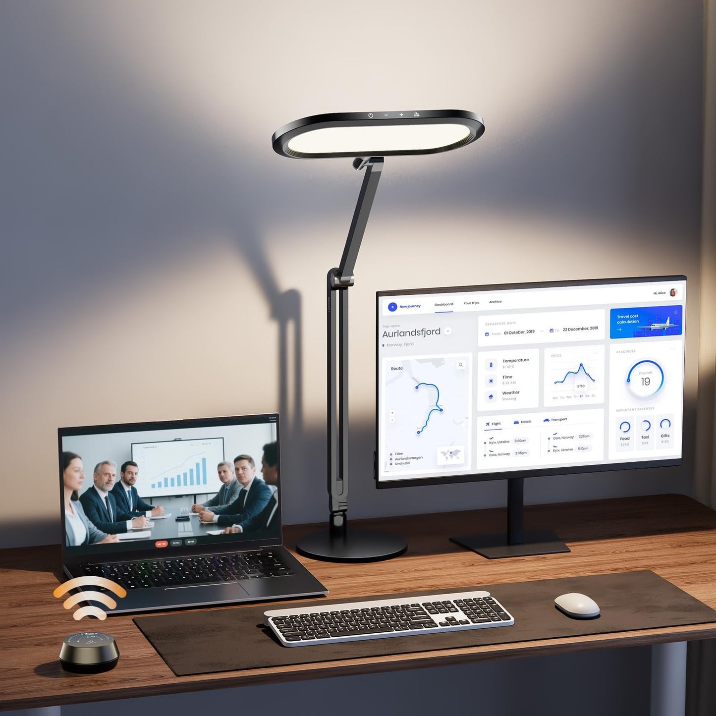 Premium LED Desk Lamp for Home Office – Eye-Caring Double Side Light with Knob Remote, Stepless Dimming & Color, Memory, Metal Table Lamp for Zoom, Studying, Video Conference, Flicker-Free, Glare-Free
