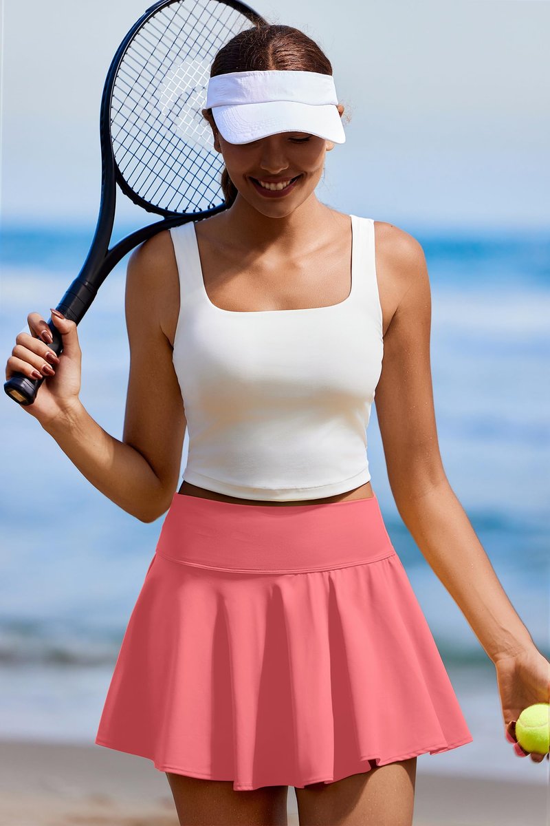 PINSPARK Golf Skirts for Women Tummy Control Tennis Skort with Shorts Underneath Pleated Athletic Skirt, Gloss Pink Large