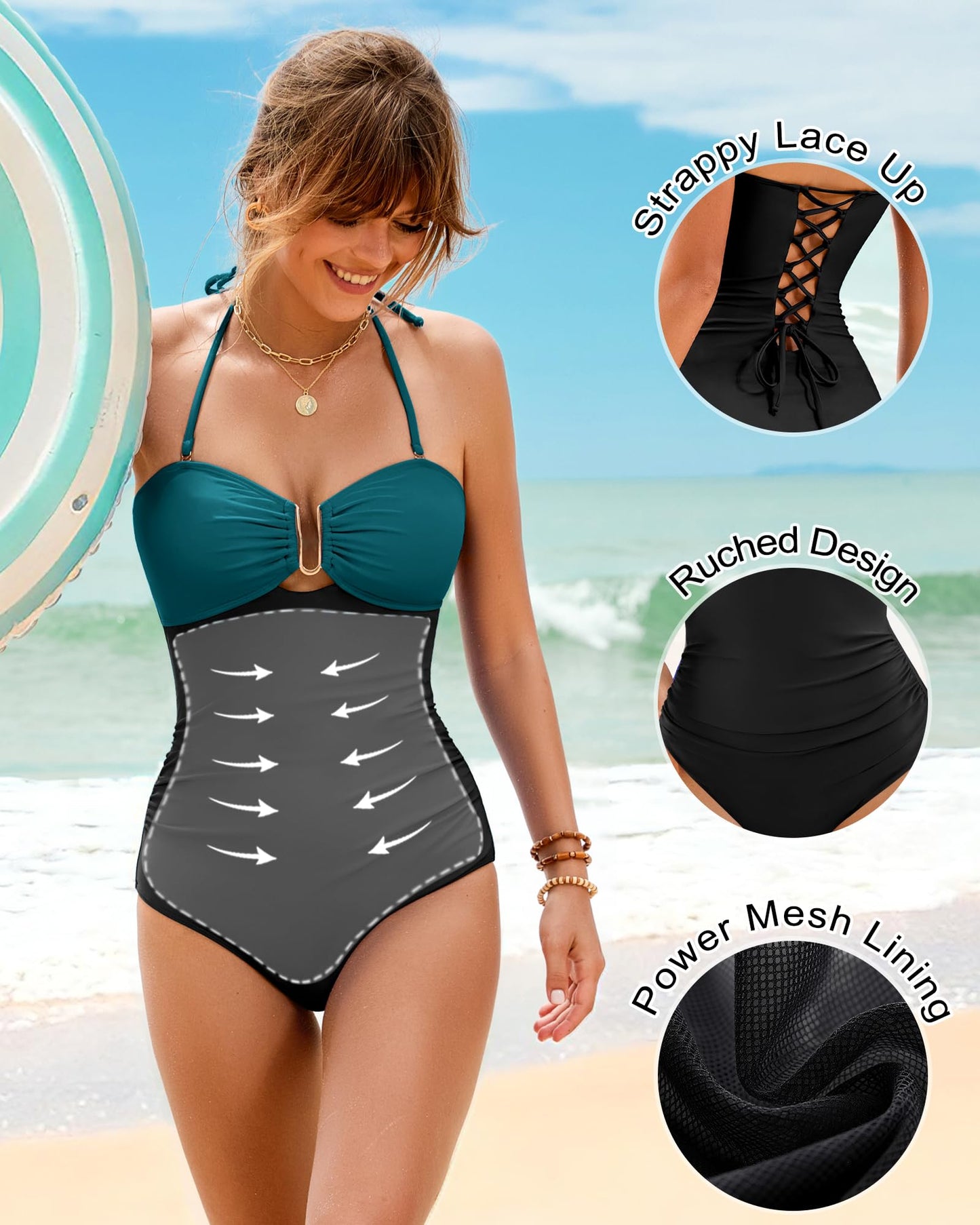 XUNYU One Piece Swimsuit Women Tummy Control Slimming Bathing Suit Strapless Bandeau Shapewear Swim Suits 2026 Swimwear Green Black