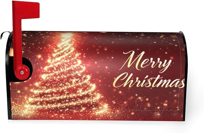 Festive Magnetic Mailbox Cover Red Pine Tree Christmas Pattern Outdoor Mailbox Protector Holiday Seasonal Decorative Garden Yard Home Large Size 25.5 x 21 Inch