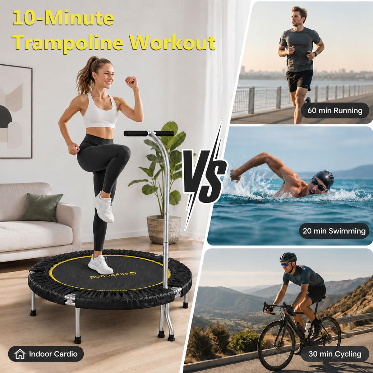 SkyBound Mini Trampoline Fitness Trampoline Fitness Rebounder with Adjustable T-Bar Handle - Exercise Trampoline for Adult - Fitness Trampoline for Workout Trainer
