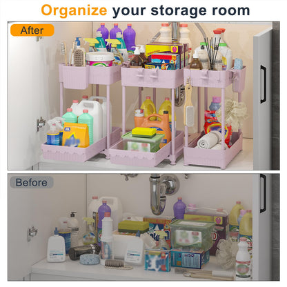 3 Pack Under Sink Organizers, 2-Tier Multi-Use Kitchen and Bathroom Organizers and Storage with Sliding Drawers，Bathroom Cabinet Organizer (Black, 12.8 Inch)
