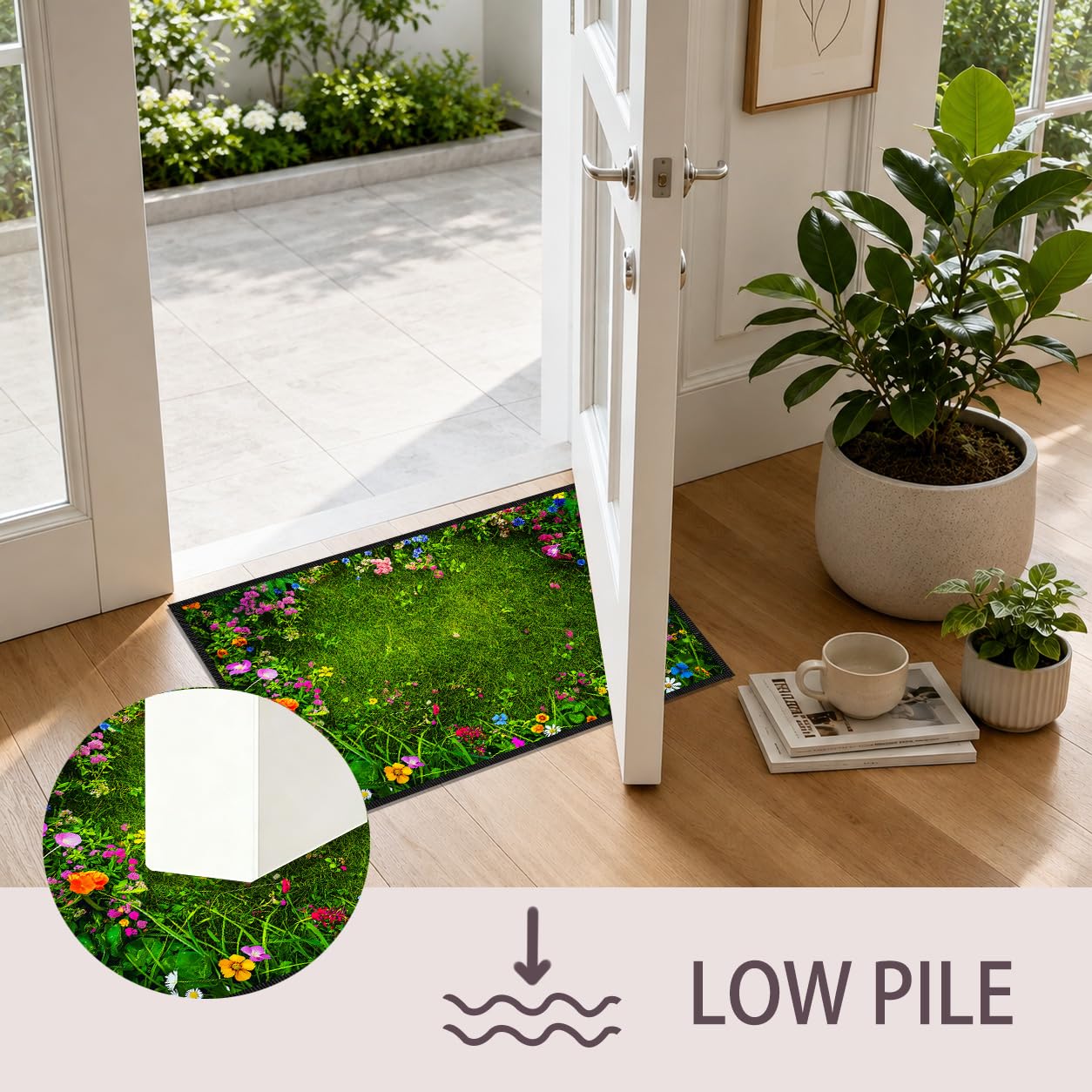 Green Grass Wildflower Door Mat for Indoor Entryway, 23.62 x 15.75 in Durable Faux Cashmere Polyester Rug, Non Slip Welcome Mat for Front Door Bathroom Kitchen