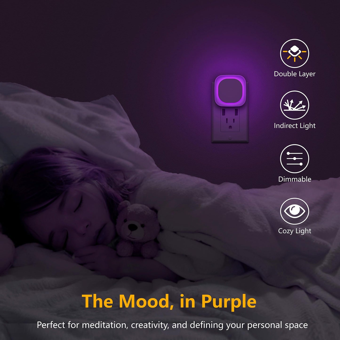 2 Pack Plug in Amber Night Light, Auto Dusk to Dawn, Soft Glow, Dimmable, Diffused Light, LED Lights for Bedroom, Kids, Bathroom, Sleep, Baby Nursery, Toddler, Hallway, Kitchen, Home Decor