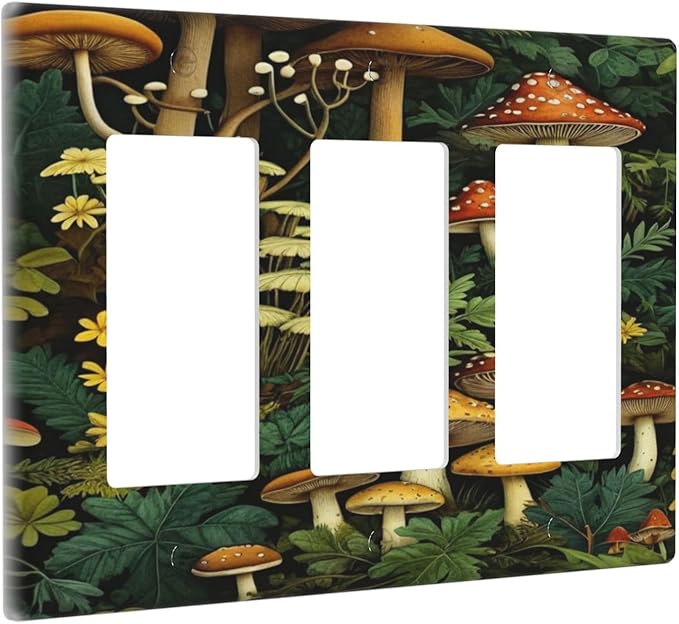 Mushrooms Forest Nature Botanical Art 3 Gang Rocker Triple Outlet Wall Plate Decorative Switchplate Cover Faceplate GFCI Light Switch Covers for Farmhouse Living Decor